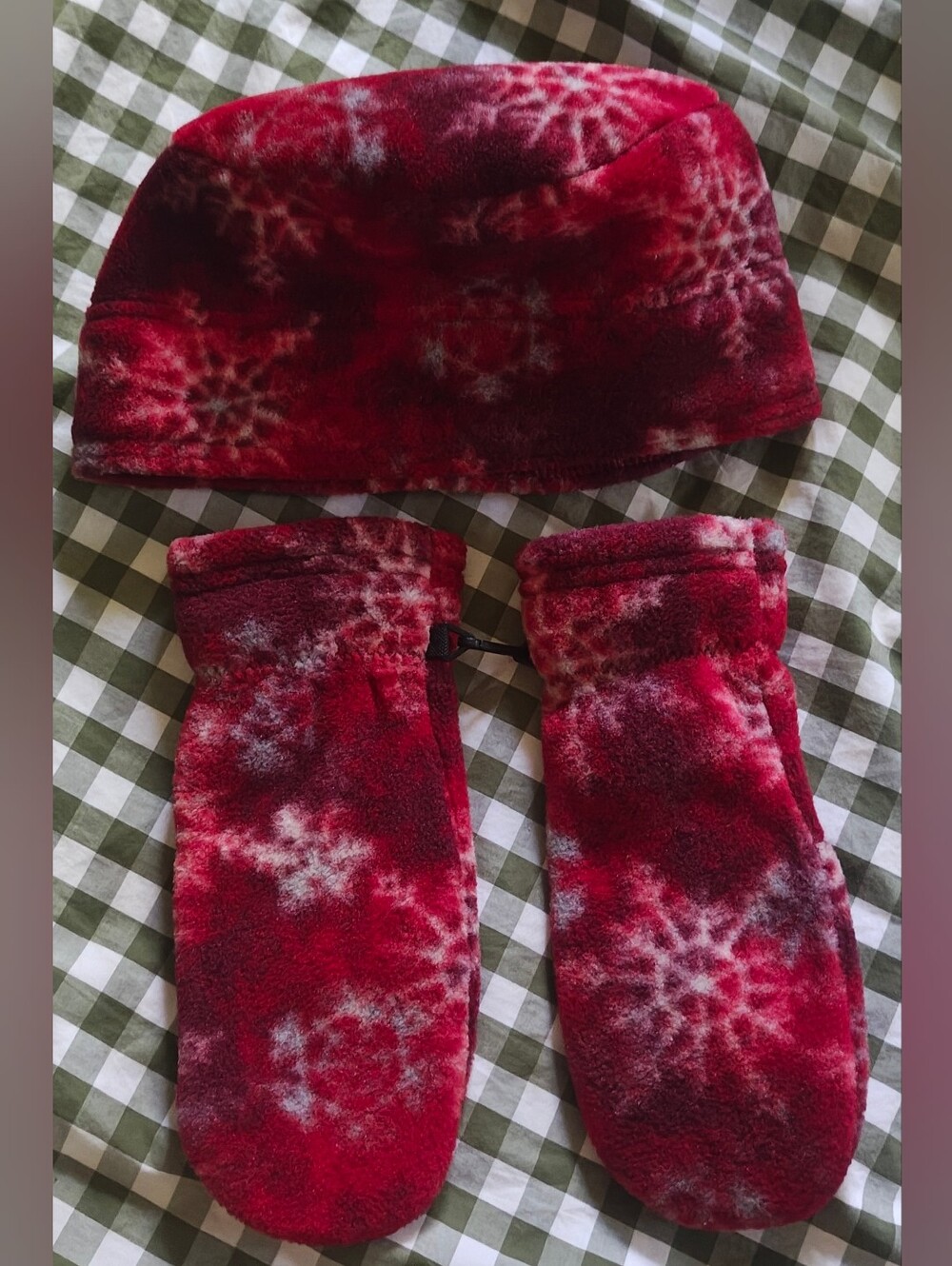L.L. Bean Red Fleece Snowflake Hat with Matching Mittens